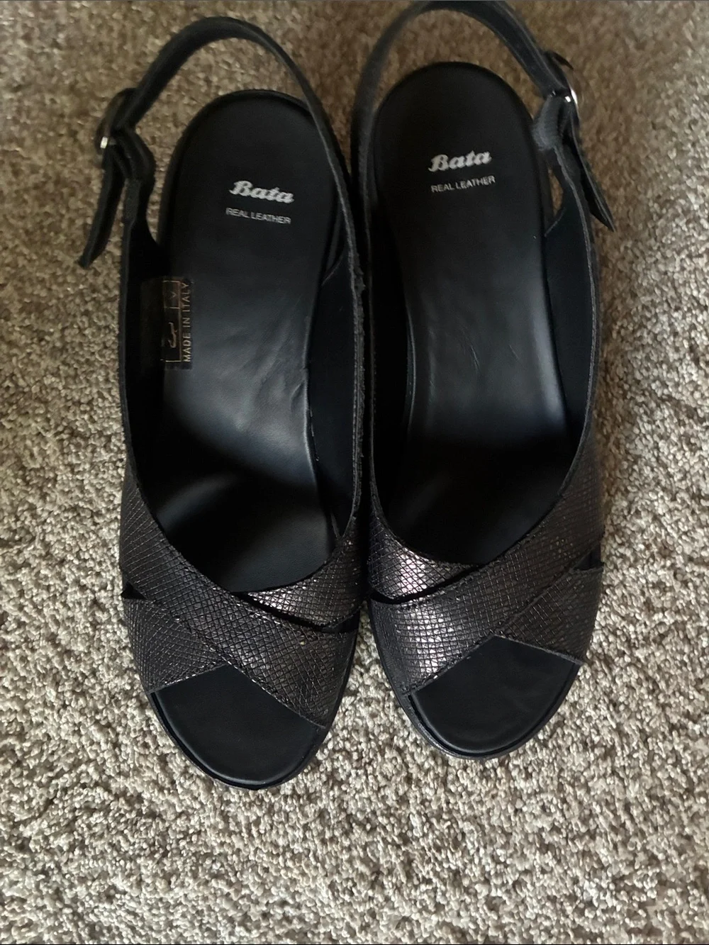 Women's Black Metallic Slingback Wedge Sandals
